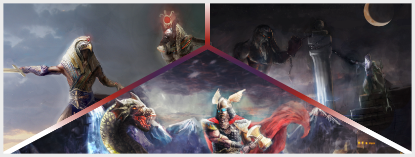 Fantasy collage with warrior, dragon, and mythical creatures