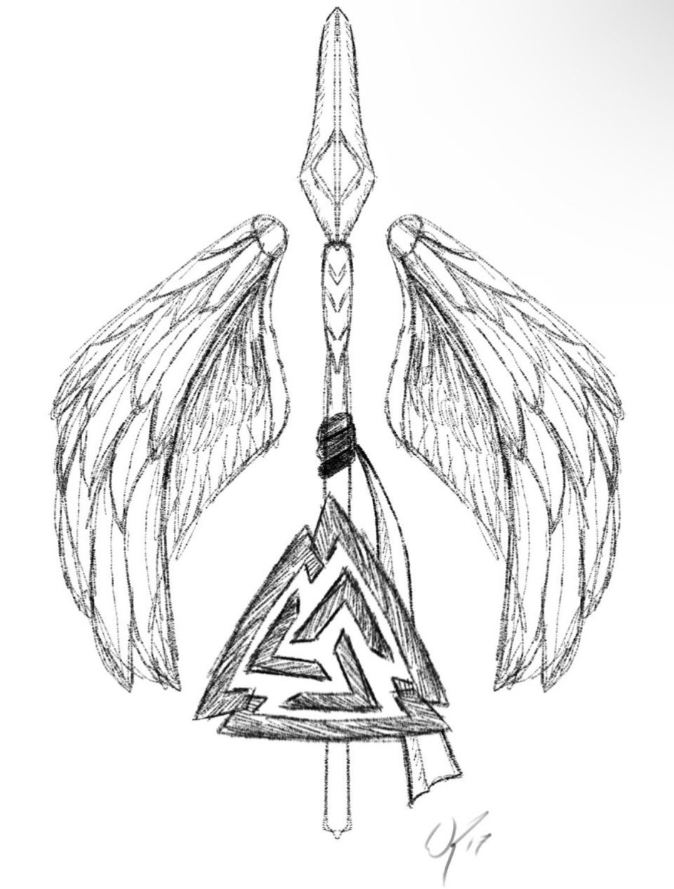 Sketch of a spear with wings and a Valknut symbol