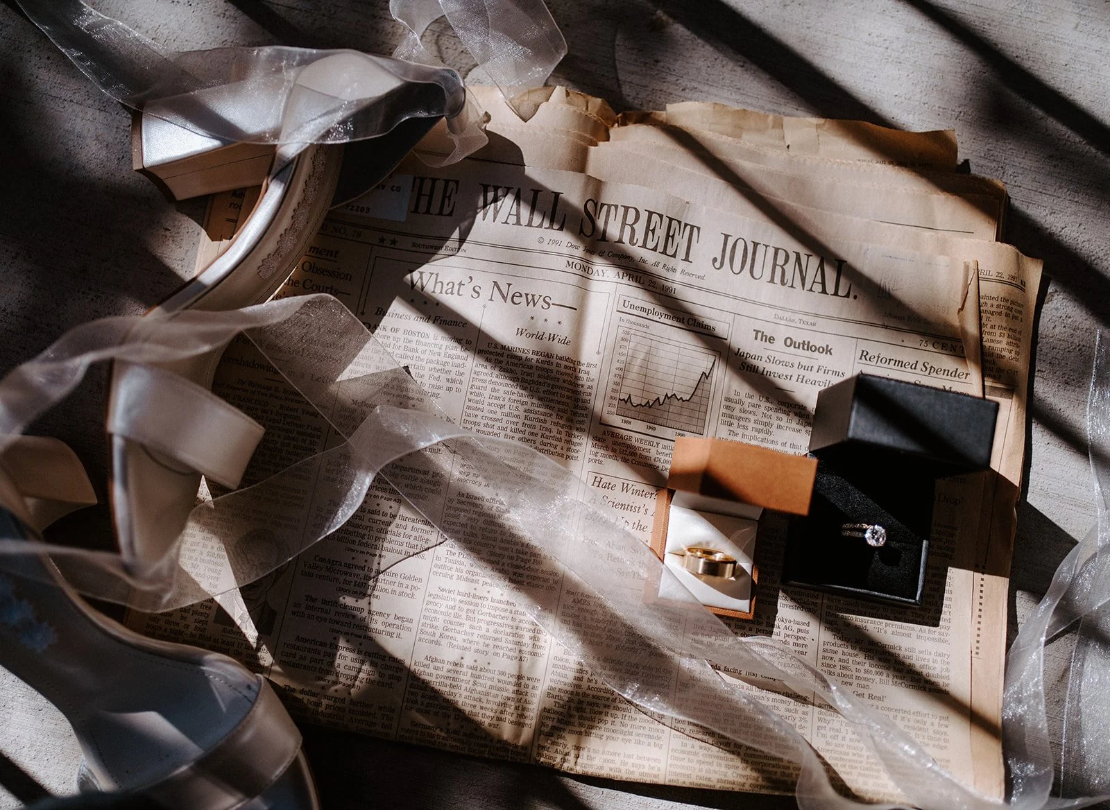 Wedding shoes, ribbon, and rings on Wall Street Journal