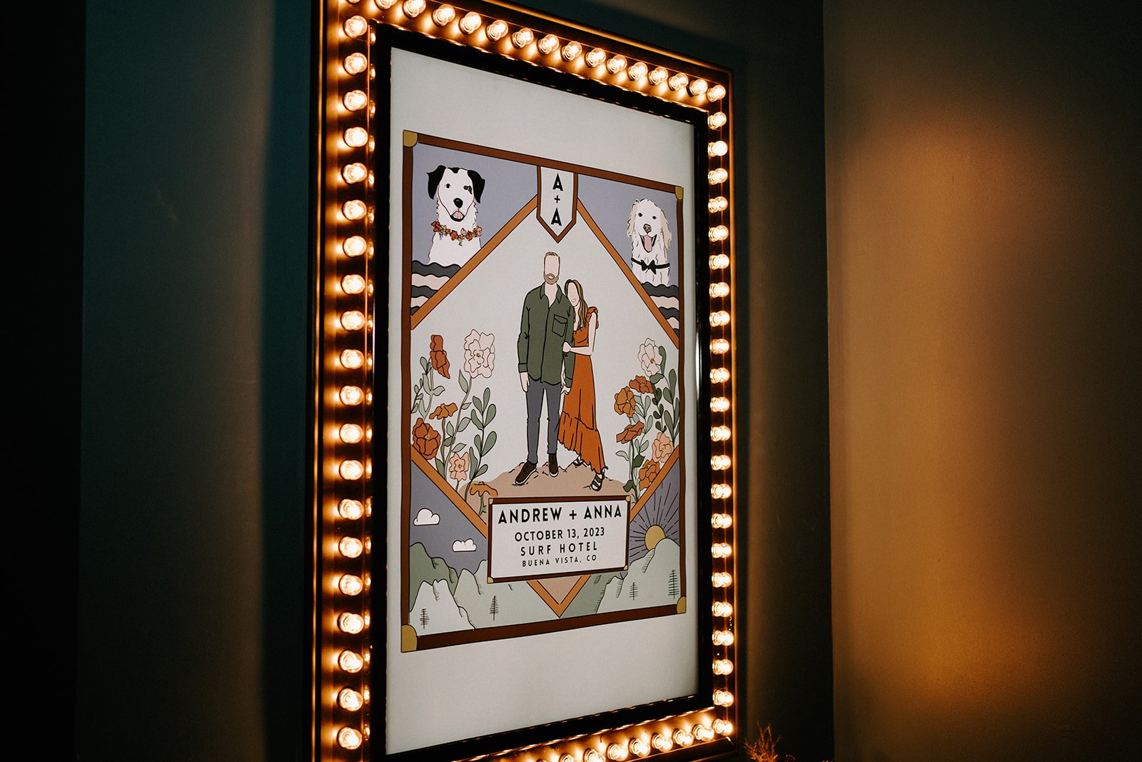 Illustrated wedding poster featuring a couple, dogs, flowers, and event details, encased in a lightbulb frame.