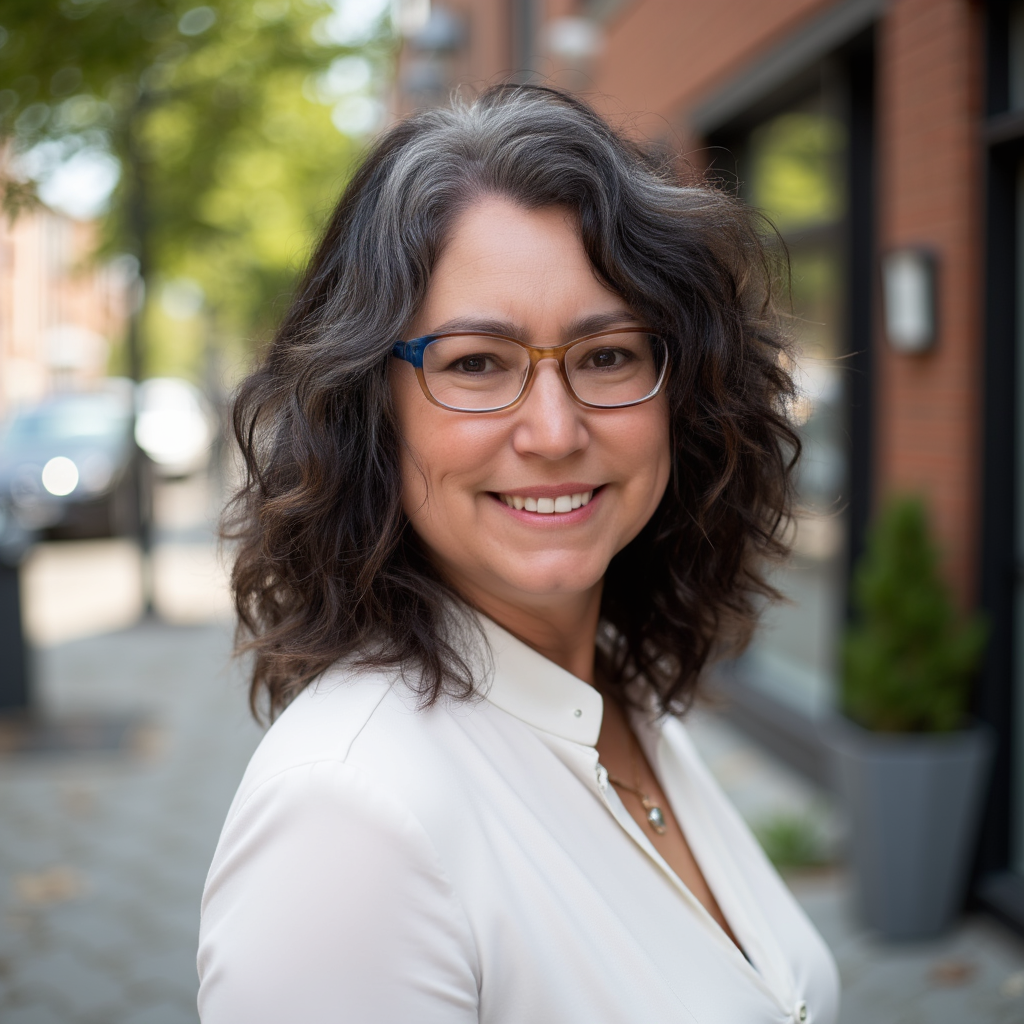 Louann Worobel's headshot wavy dark hair, wearing glasses and a white blouse, smiling outdoors on a city street.