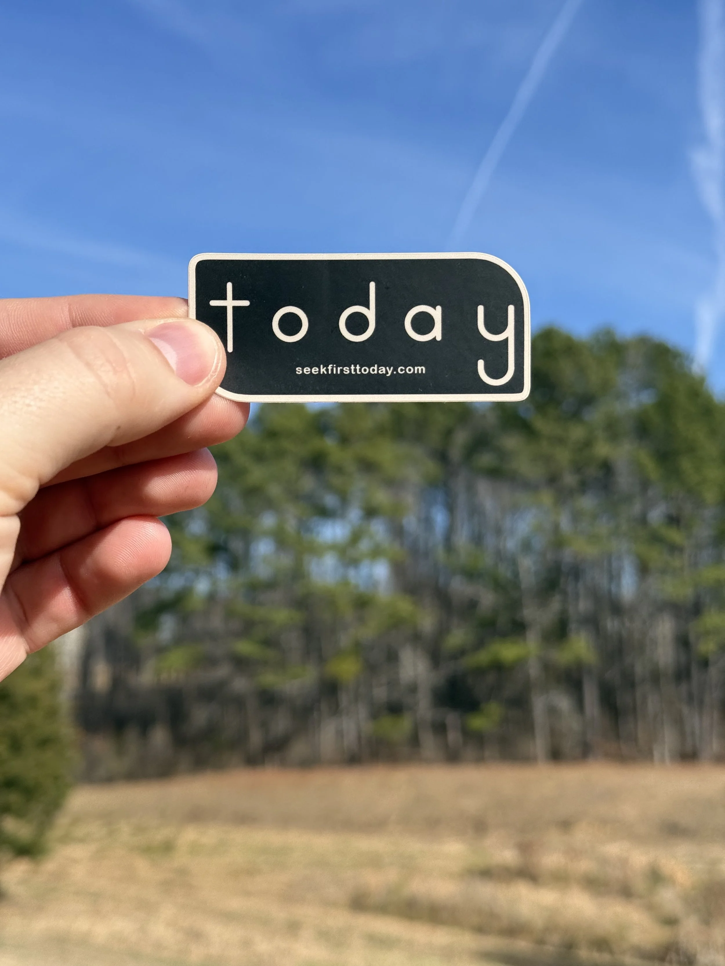 black-and-sand-seek-first-today-sticker-with-trees-and-blue-sky-in-background