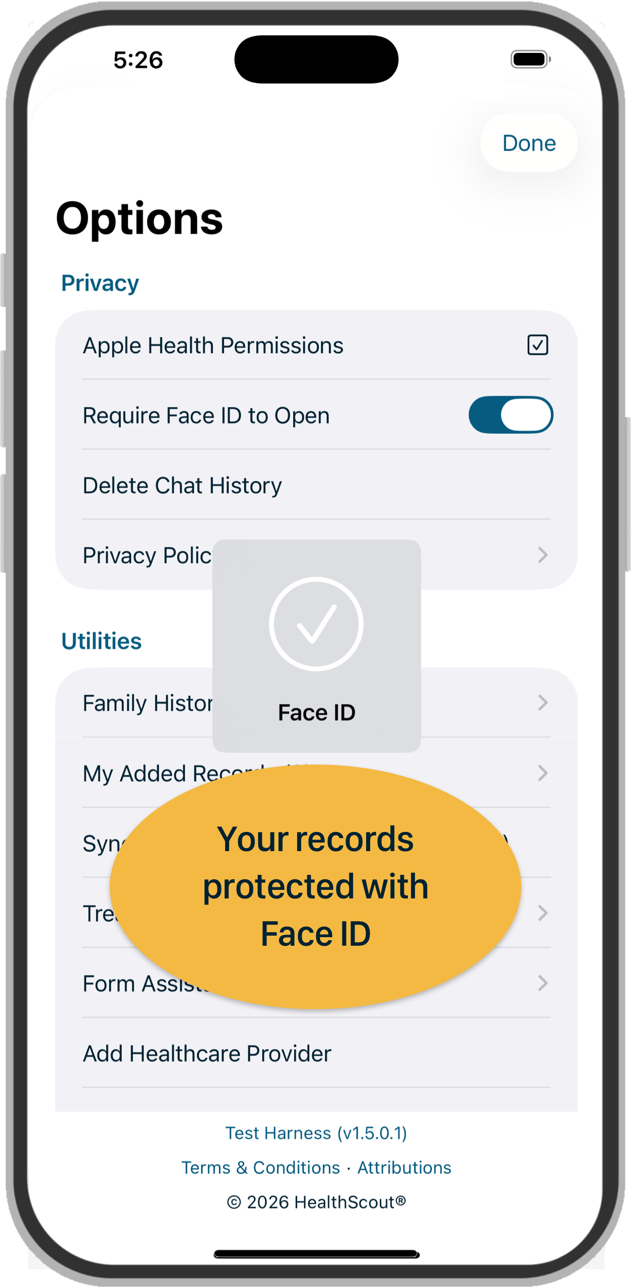 A screenshot of a mobile app settings page showing options for privacy and utilities, with a message indicating that records are protected with Face ID. The page includes toggles for Face ID requirement, and other privacy options, with a header displaying the time 5:26, and a 'Done' button.