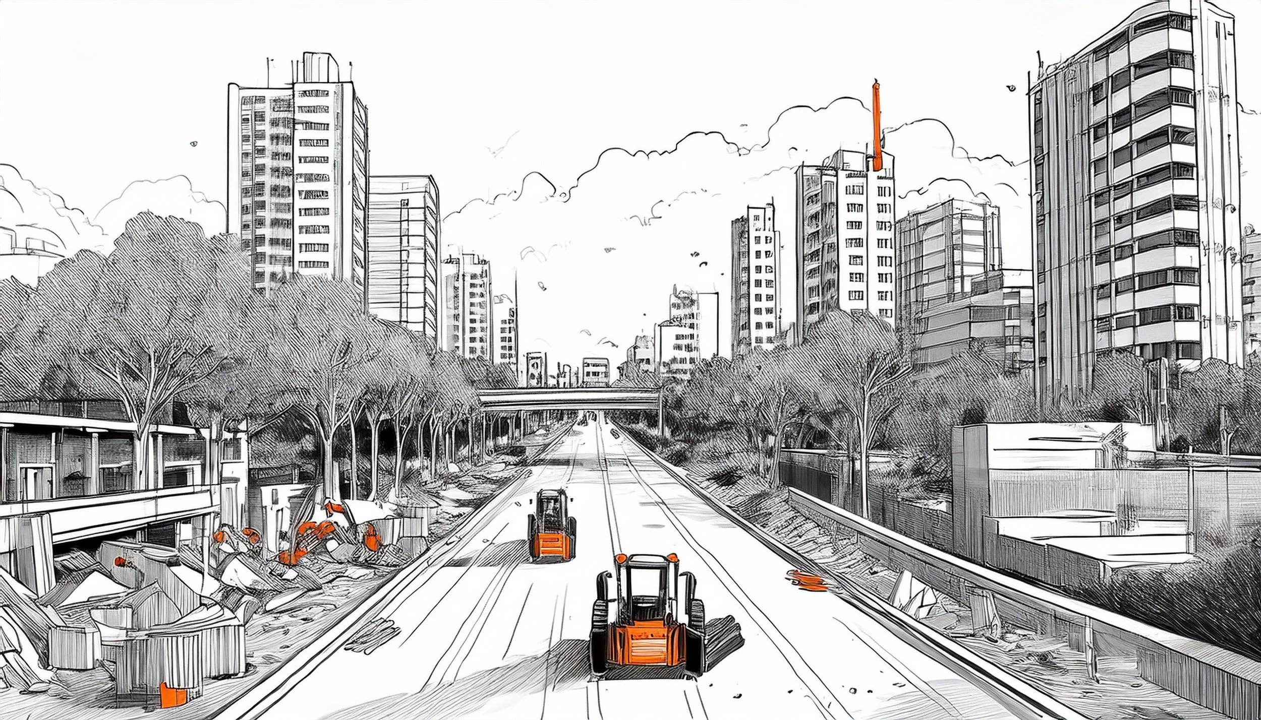 Black and white illustration of an urban construction site with a large road, construction vehicles, and high-rise buildings, with some orange accents.