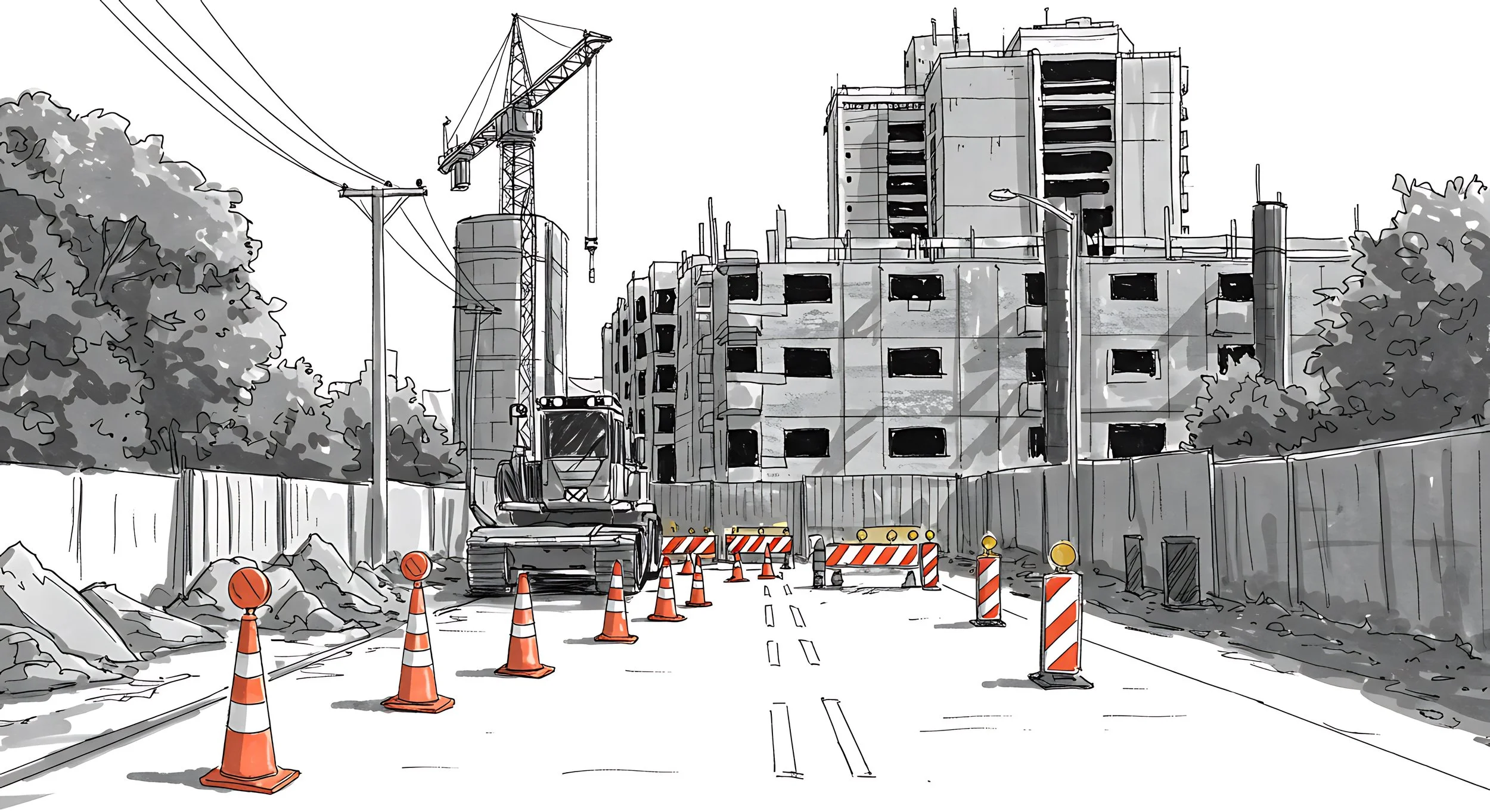 Black and white illustration of a construction site on an urban street, with orange traffic cones and barriers, an excavator, trees on the sides, and tall buildings in the background.