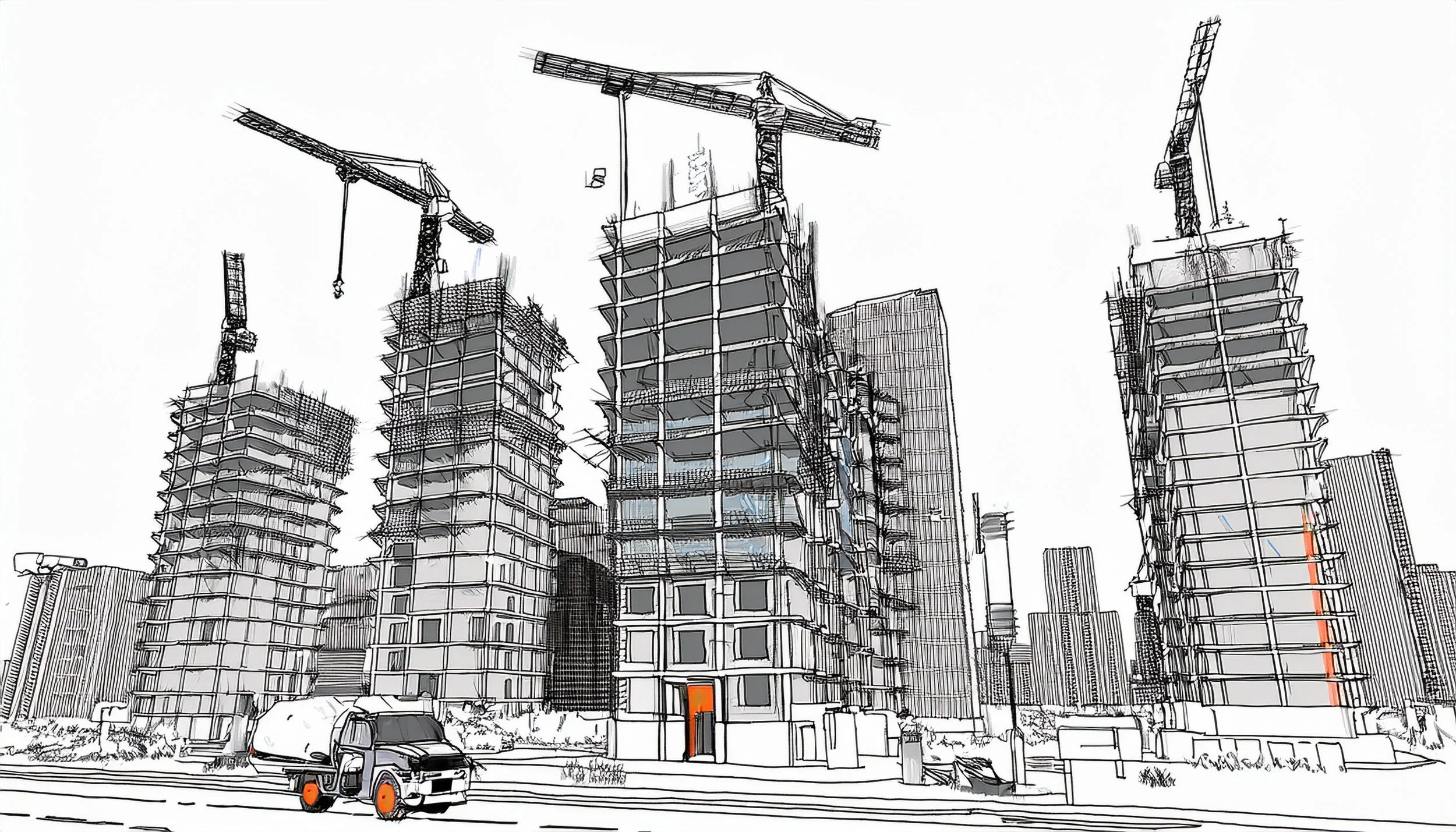 A digital sketch of a construction site with three high-rise buildings under construction, equipped with cranes on top, and a construction vehicle in the foreground.