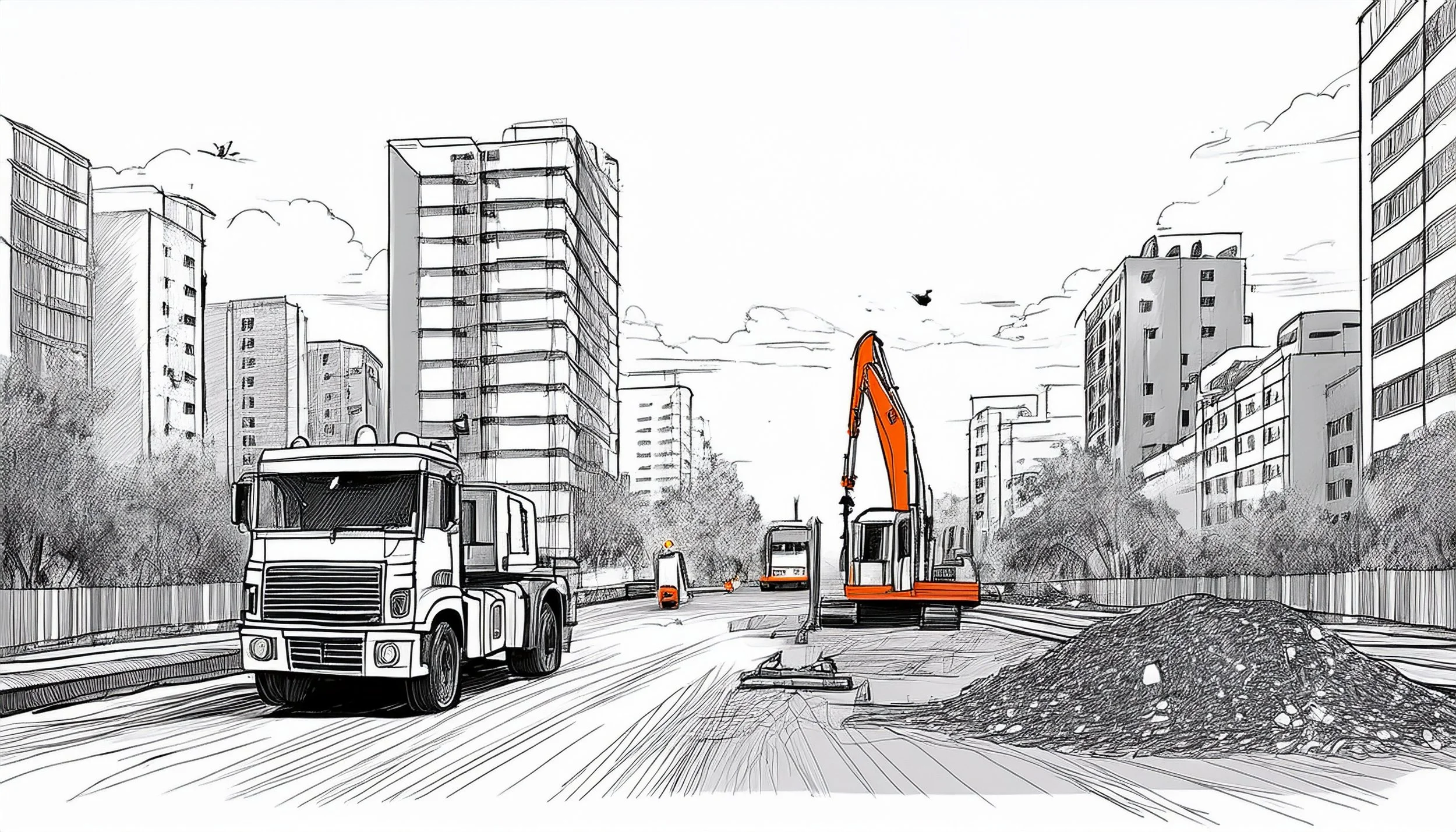 Line drawing of city street under construction with a white truck, orange excavator, and pile of dirt, surrounded by tall buildings and trees.