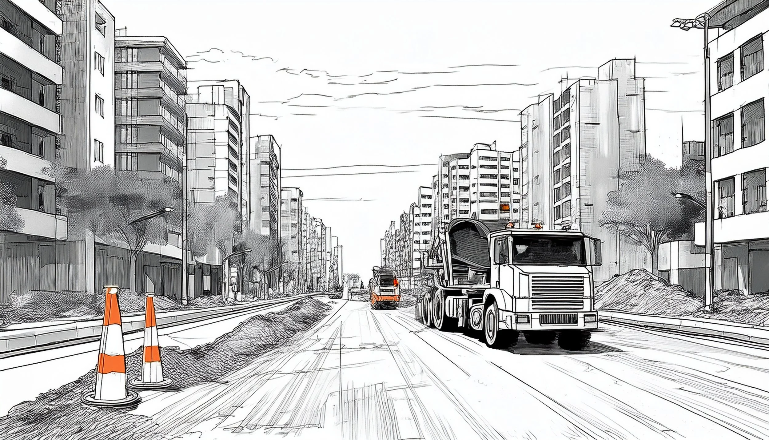 A black and white sketch of a city street under construction, with construction cones, trucks, tall apartment buildings on both sides, and a partially paved road.