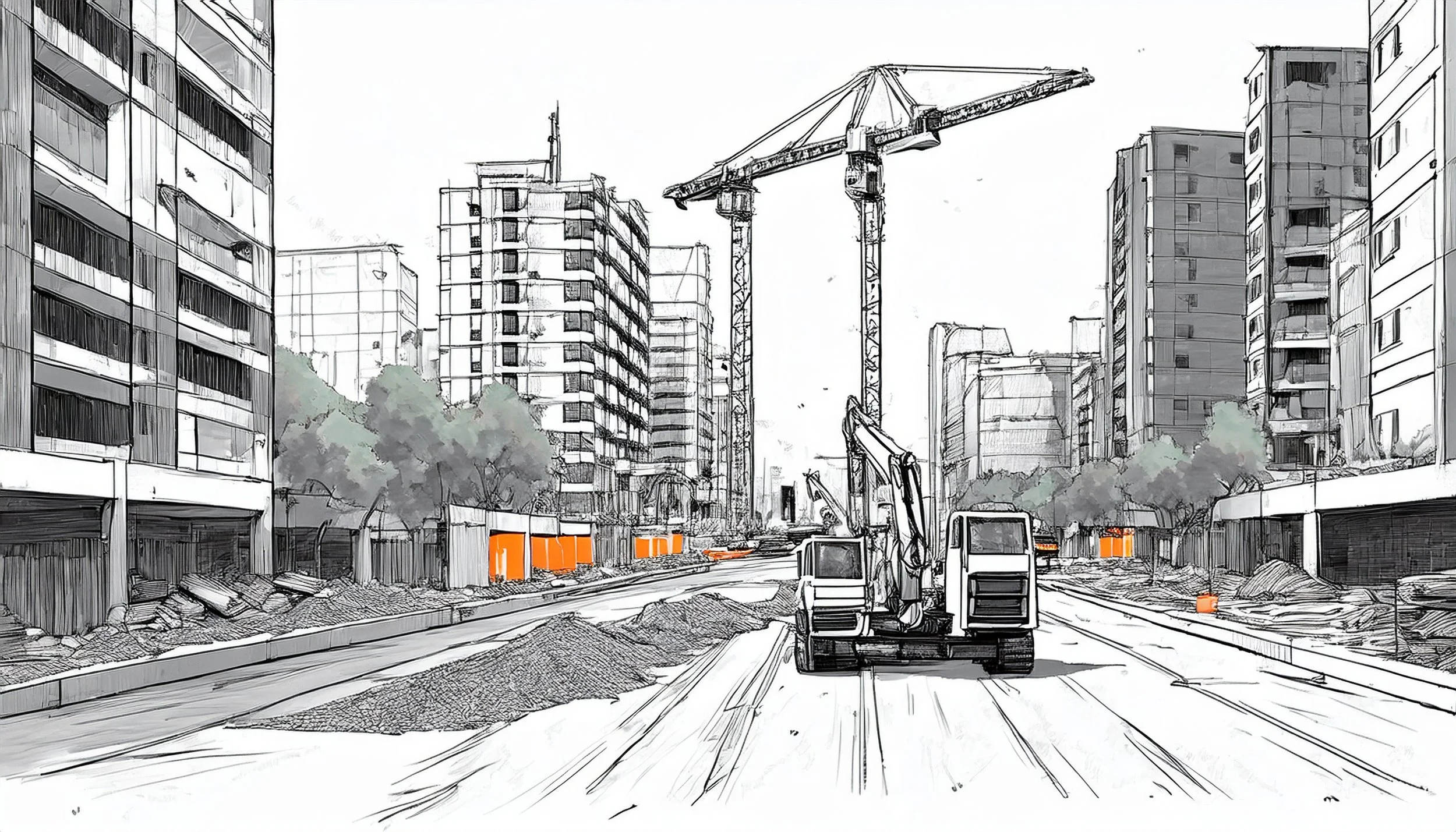 Black and white sketch of an urban construction site with high-rise buildings, trees, and a crane, with orange accents highlighting construction barriers and materials.