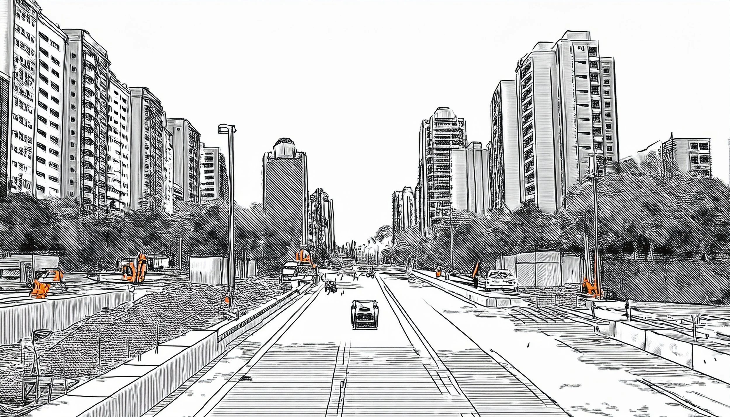 Black and white sketch of a city street with tall buildings on both sides, trees lining the sidewalks, and construction workers in orange safety gear.