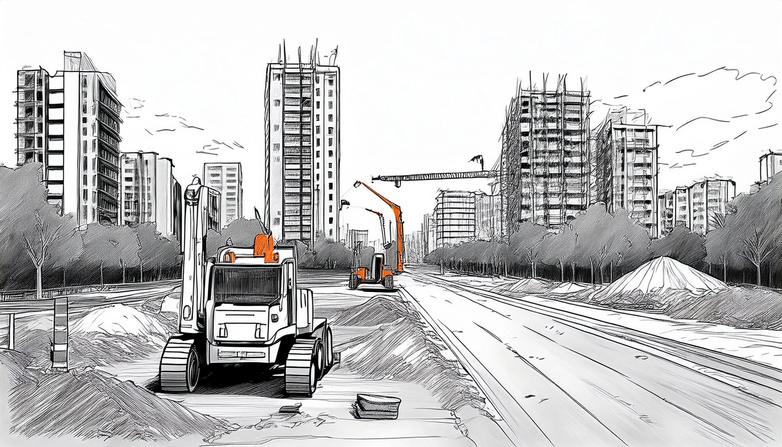 Sketch of a construction site with bulldozers and cranes in front of tall apartment buildings, trees lining the street.