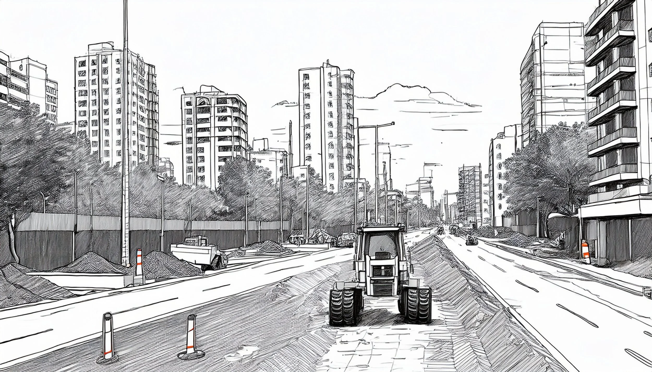 Black and white sketch of a city street under construction, with tall buildings on both sides, construction cones, a road roller in the foreground, and trees along the street.