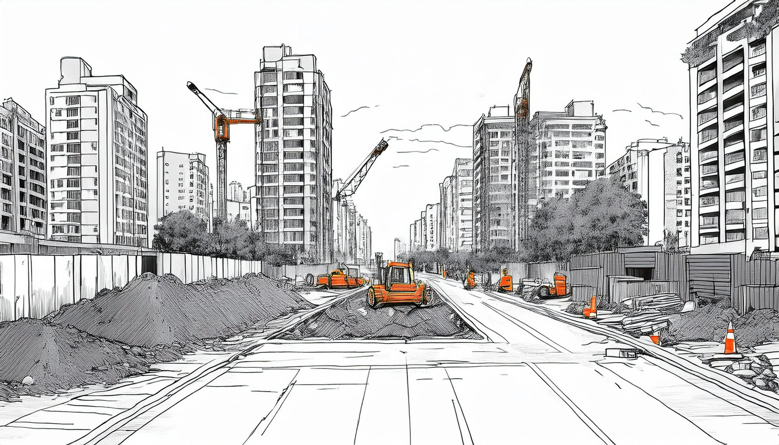Sketch of a city street under construction, with high-rise buildings on either side and construction equipment including bulldozers, cranes, and traffic cones.