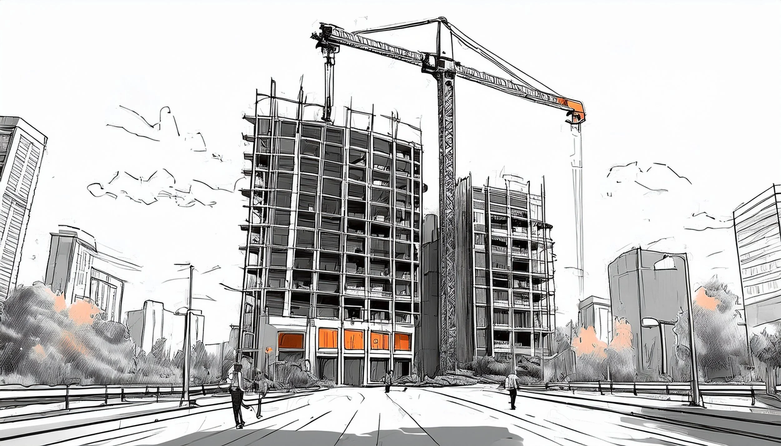 A line drawing of a large building under construction with a tower crane overhead, surrounded by other buildings and a few people walking on the street.