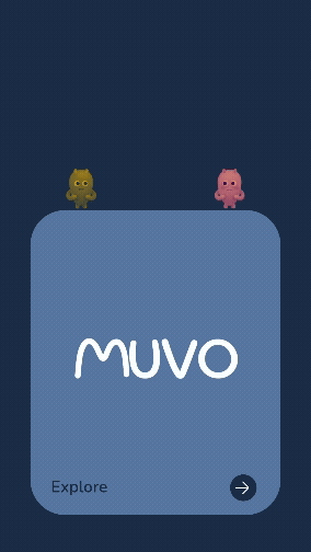 Mobile app splash screen for Muvo with two cartoon animals, a green one on the left and a pink one on the right, against a dark blue background.