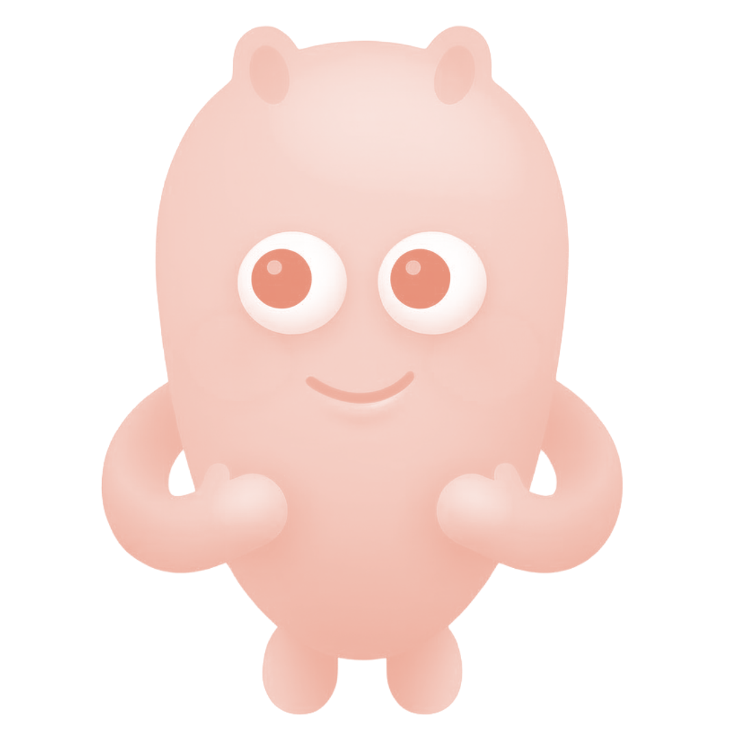 Cartoon pink hippopotamus with big round eyes and a small smile, standing with arms bent.