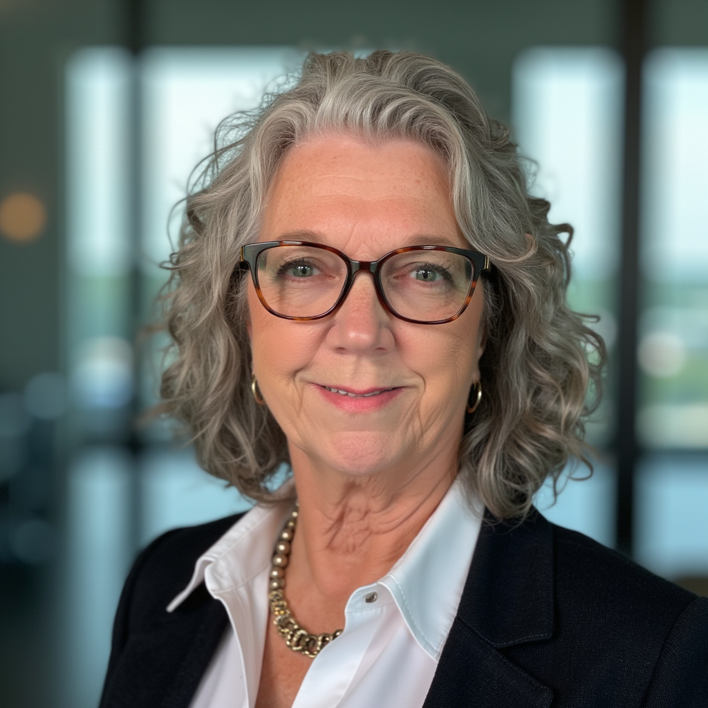 Professional headshot of Julia Cihla wearing glasses, a white shirt, and a black blazer with a pearl necklace.