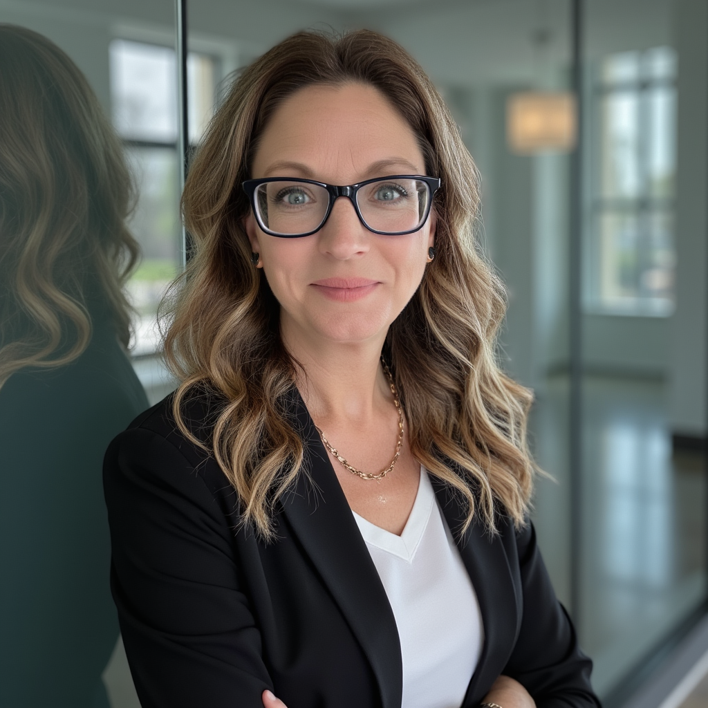 Professional headshot of Stephanie Purse wearing glasses and a black blazer in an office setting.