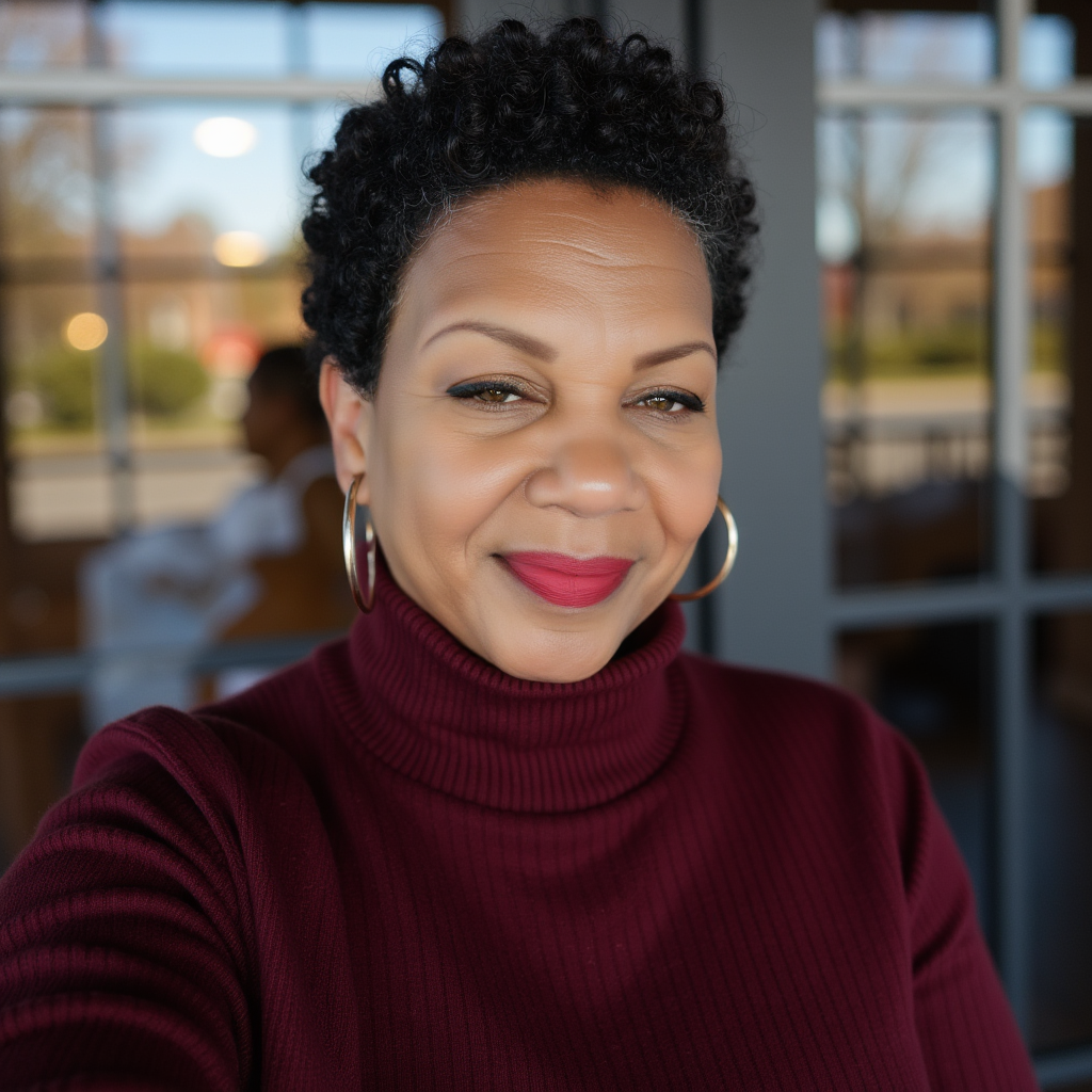 Professional headshot of Dana Elliott smiling in a maroon turtleneck sweater with hoop earrings.