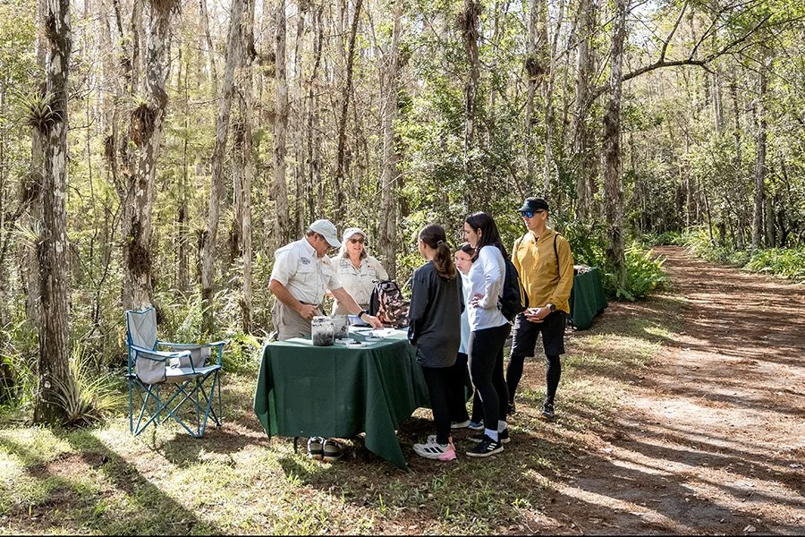 Group of people gathered around a table in a forest, receiving information from a guide at a nature or eco-tourism event.