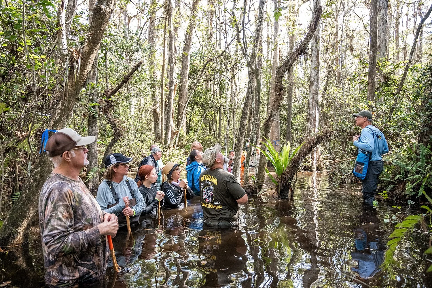 A group of people participating in a guided outdoor educational activity in a swampy forest, listening to a man speaking, surrounded by trees and water.