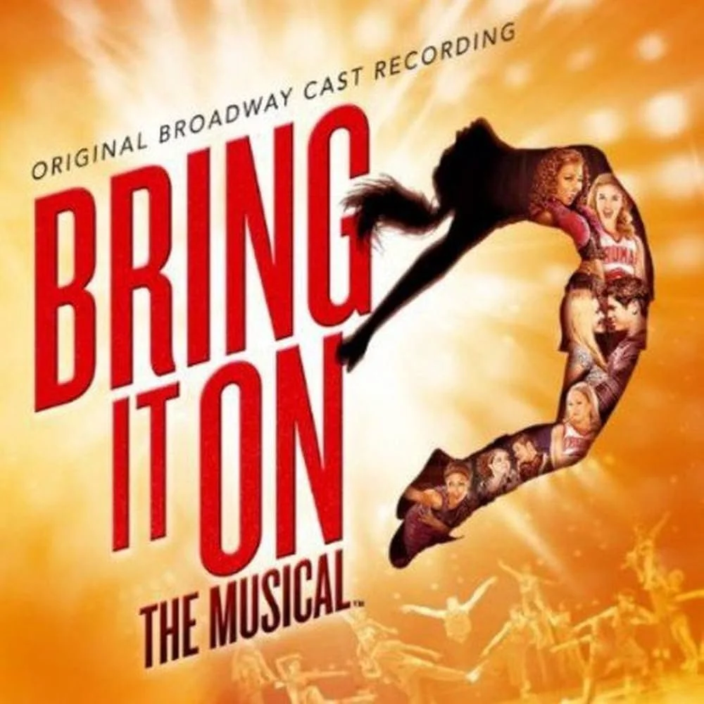 Poster for the musical 'Bring It On' with orange background, showing a silhouette of a girl jumping with her hand extended, filled with images of cheerleaders and performers.