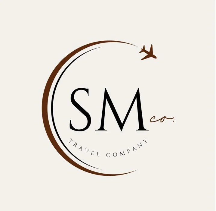 Logo for SM Travel Company featuring a stylized airplane and crescent moon design.