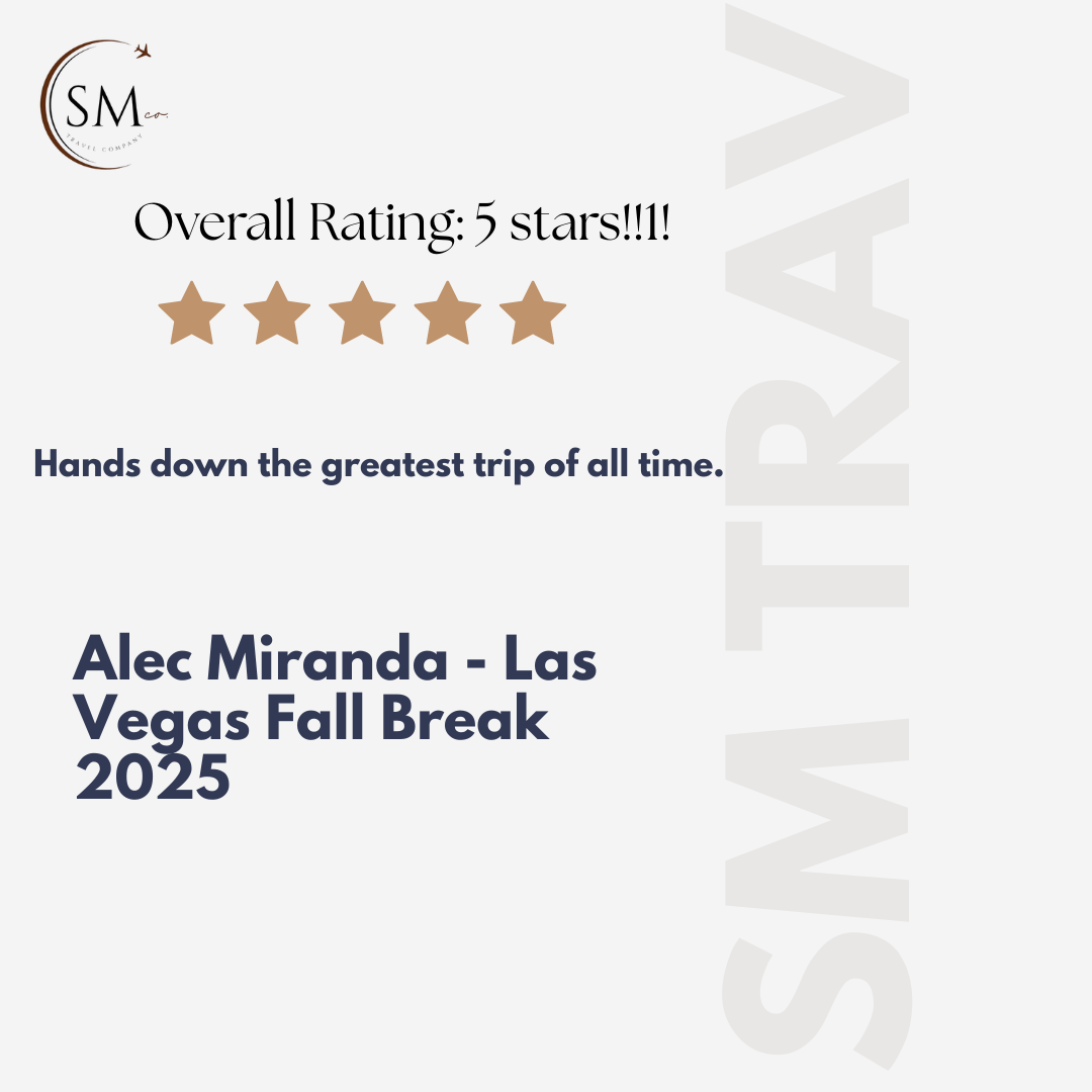 Five-star testimonial from Alec Miranda describing his Las Vegas Fall Break 2025 trip with SM Travel Co as the greatest trip of all time.
