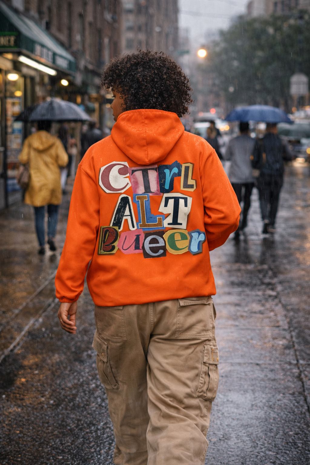 CTRL ALT QUEER Windbreaker Jacket — Bold Orange Hooded Windbreaker with 'Girl Alt Queer' Retro Collage Back
