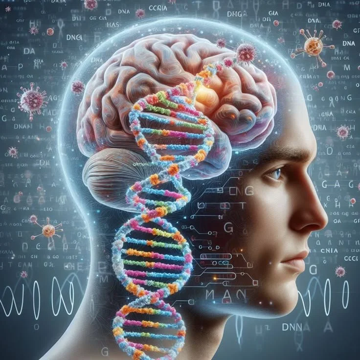 Illustrazione di un profilo umano con un cervello visibile e una doppia elica di DNA. Sfondo con simboli e strutture relative al DNA e alla genetica.