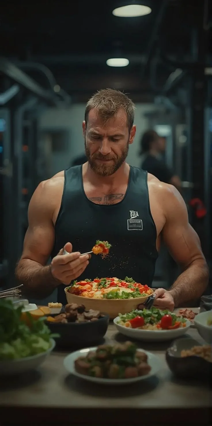 Uomo muscoloso in canottiera nera mangia un'insalata mista in una cucina, circondato da piatti di verdure e carne.