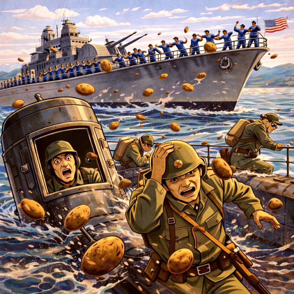 A WWII scene showing soldiers on amphibious landing craft amidst chaos, with a large warship nearby, as soldiers face an intense attack of potatoes with worried expressions.