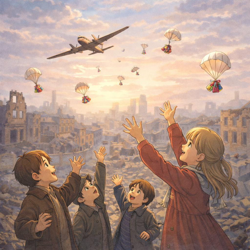Children and a woman watching parachutes floating in the sky over a city with ruins and an airplane flying at sunset. Candy Bomber of Berlin.
