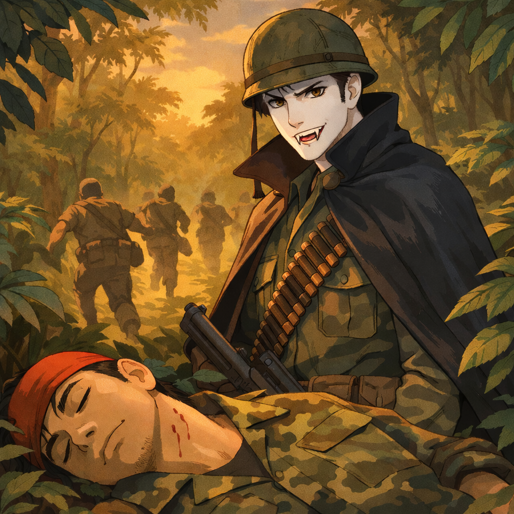 A vampire-like soldier with fangs and a sly smile, wearing a military uniform and helmet, standing over a fallen soldier with a bloodstain on his neck, in a jungle setting with other soldiers in the background. CIA Vampire operation.