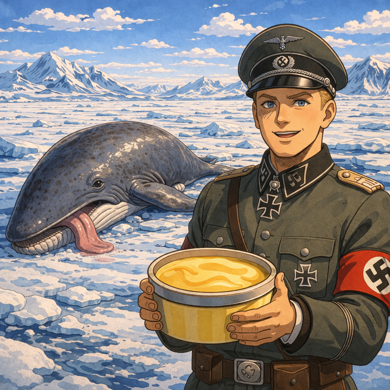 A stylized illustration of a smiling soldier in a Nazi uniform holding a tub of margarine in an icy landscape with snow and mountains. A dead whale with its tongue sticking out is in the snow behind him.