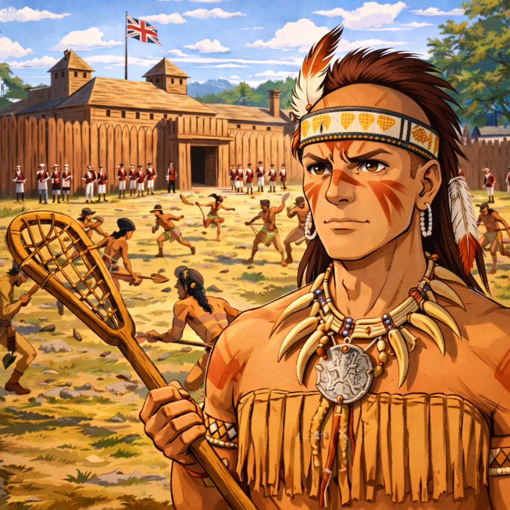 A Native American man wearing traditional clothing and jewelry, holding a lacrosse stick, with a wooden palisade and soldiers in uniform in the background.