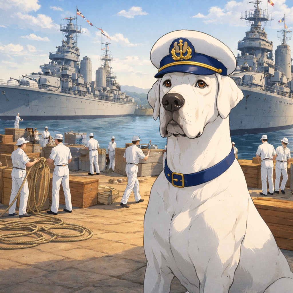 Illustration of a naval port with a large white dog named Just Nuisance, wearing a captain's hat and blue collar in the foreground. In the background, sailors are working on dock and ships are docked at the port.