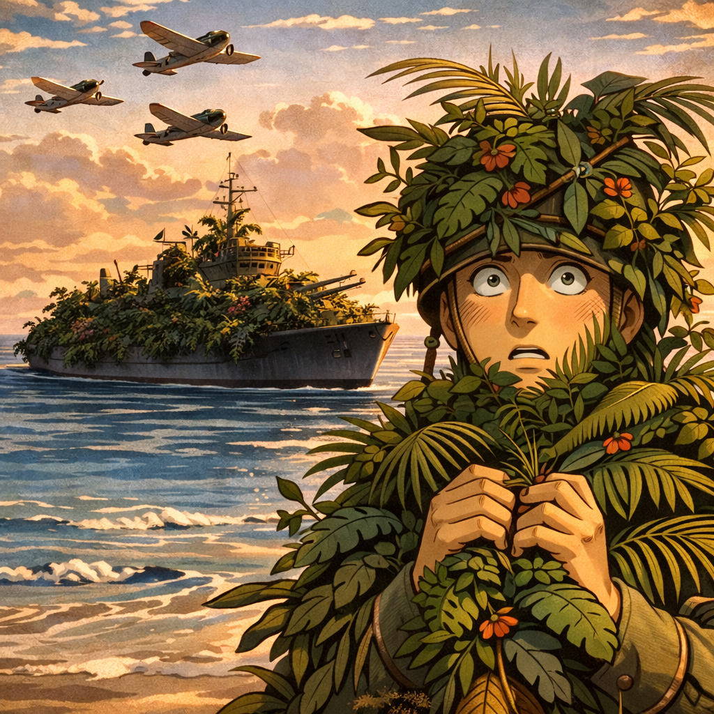 An illustration of a young person hiding behind lush green foliage with orange flowers, looking surprised or worried. In the background, a warship covered in vegetation is sailing on the water at sunset, with three aircraft flying overhead in formation.