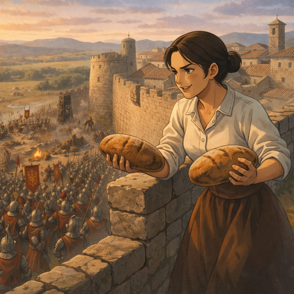 A woman in period clothing holding bread looks over a medieval battlefield from a castle wall as soldiers prepare for battle.