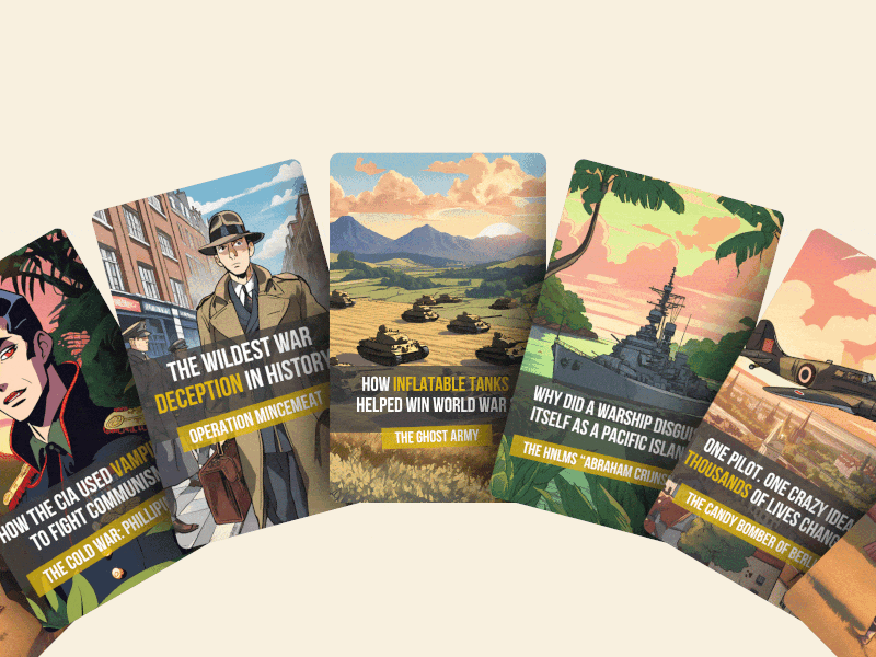 Motion graphics GIF featuring five different episode covers related to historical war events and strategies, including themes like CIA tactics, war deception, inflatable tanks, warship disguises, and a pilot's impact.
