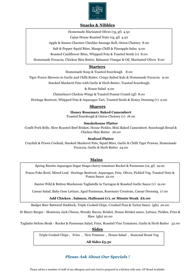 Menu from The St Mary's Gate Inn, featuring Snacks & Nibbles, Starters, Sharers, Main courses, and Sides, with detailed descriptions and prices.