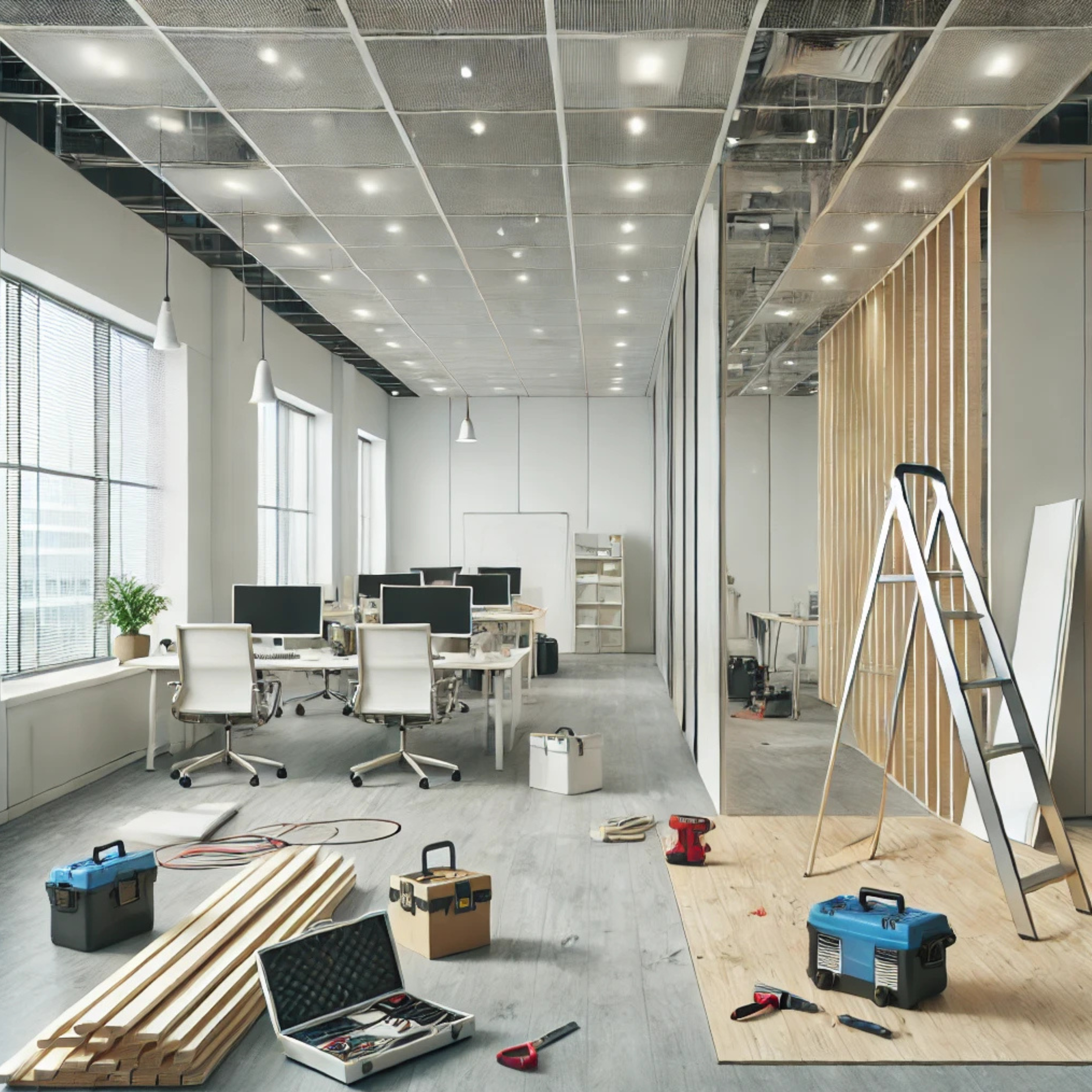 Office under renovation with construction tools, workstations, and a ladder.