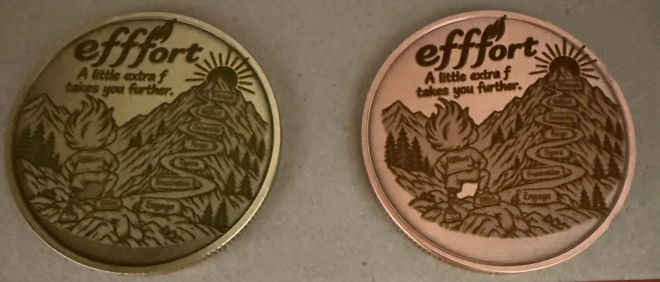 Efffort coins that show Fenix Engaged, Frustrated, Figuring out the Route, Forging Ahead, Owning achievements and inconvenient learning opportunities, Reflecting on growth and Triumphant
