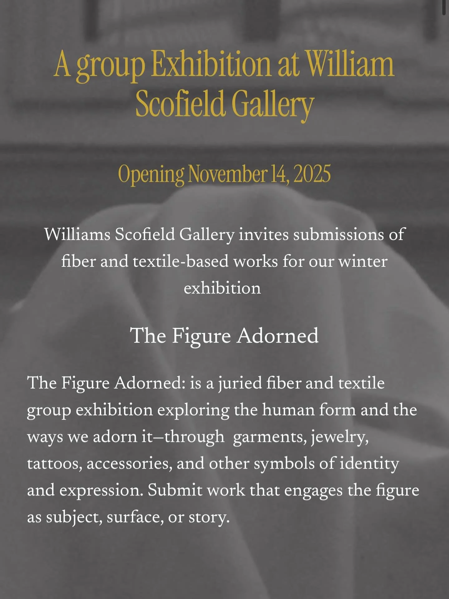 Time&rsquo;s running out! ⏳
There&rsquo;s still a little time left to submit for The Figure Adorned &mdash; our winter juried exhibition at William Scofield Gallery.
Explore the beauty of the human form, identity, and adornment through fiber and text