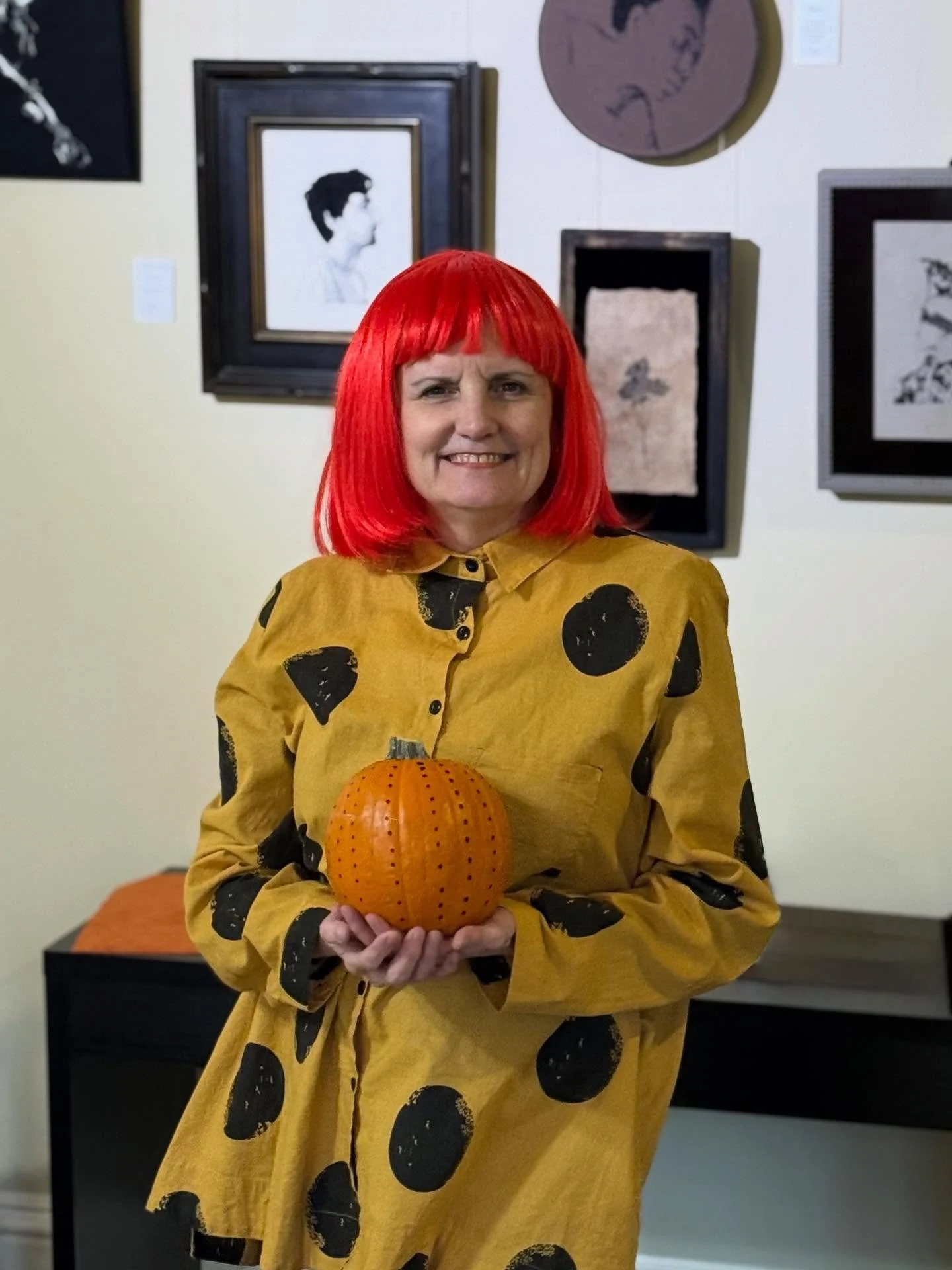 🎃✨ Happy Halloween from William Scofield Gallery!

Channeling a little Yayoi Kusama energy today &mdash; dots, color, and a touch of whimsy. 🎃🟡
Come by for Open Studios tomorrow, 10&ndash;5, and explore the current exhibition Threads in Process &m