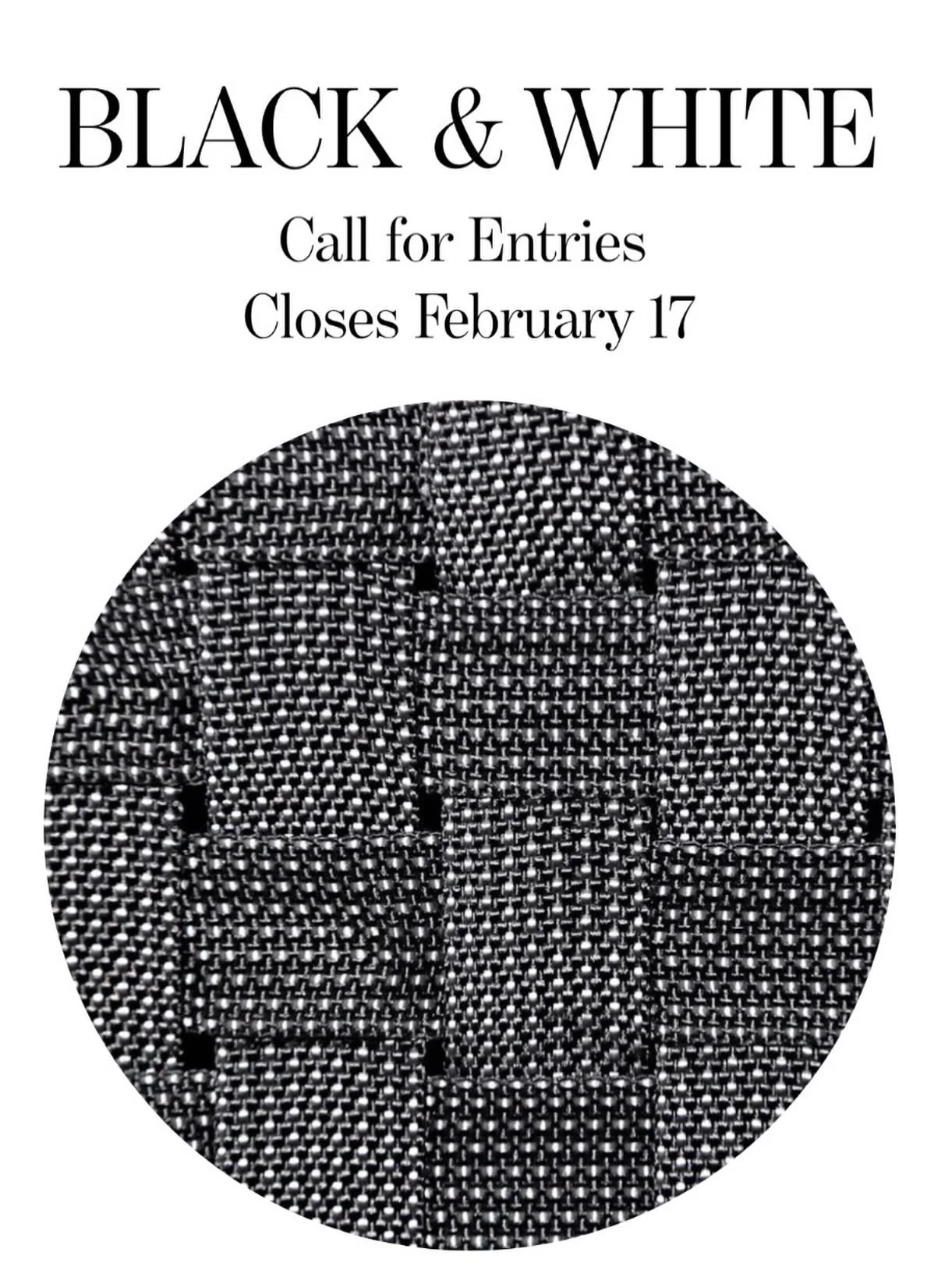 BLACK &amp; WHITE
Call for Entries
Closes February 17

Final days to submit.

We&rsquo;re seeking bold, refined black-and-white fiber and textile work for this juried exhibition at William Scofield Gallery.

No color. No distraction. Just contrast, t