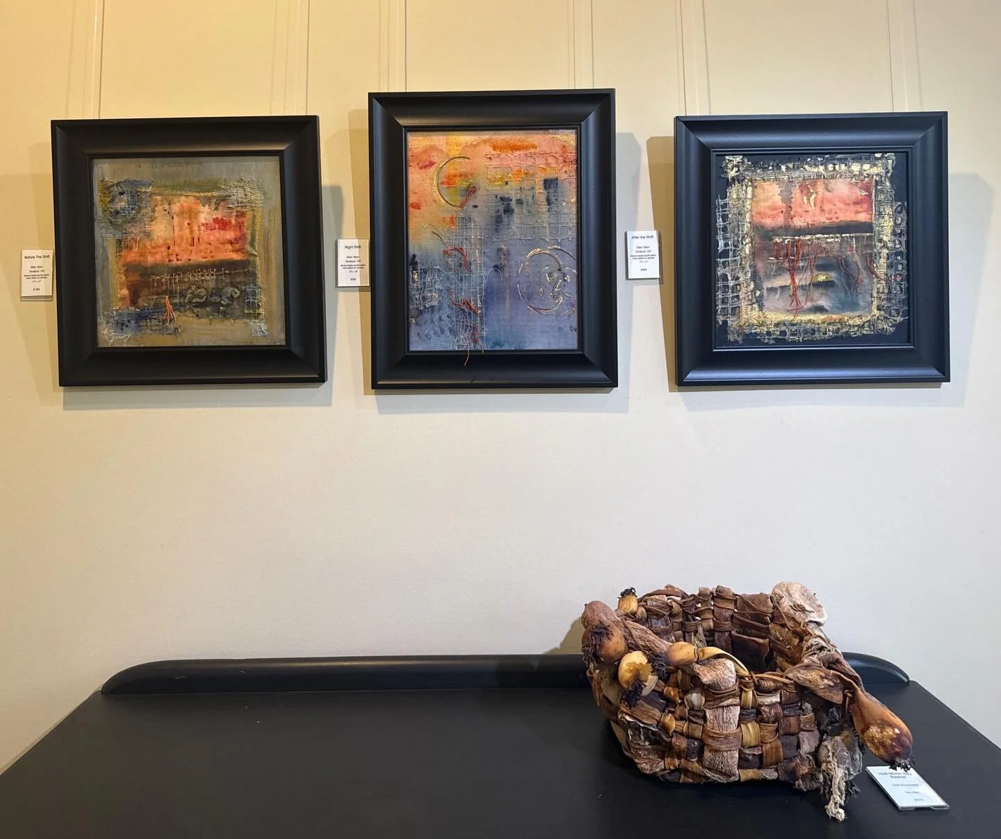 Before the Shift.
Night Shift.
After the Shift.

When I look at these three works by @simplyel, I see a quiet unfolding &mdash; structure, interruption, a moment held in time.

Thread becomes mark.
Three works, one unfolding shift.

On view now as pa