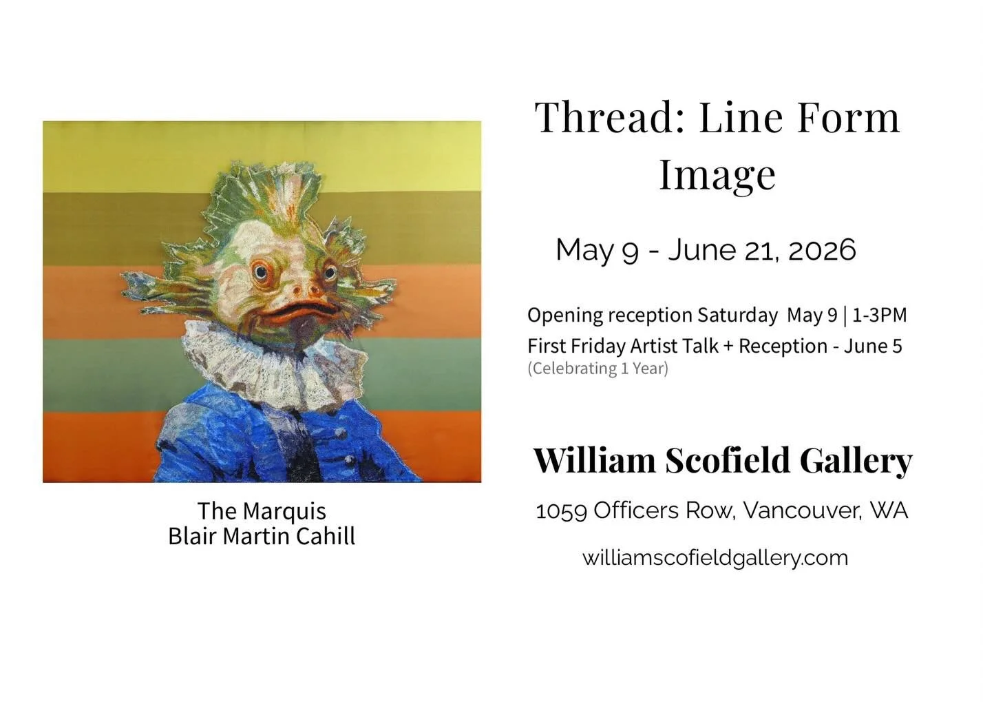 &ldquo;Thread: Line Form Image&rdquo; is now open at William Scofield Gallery￼.

A contemporary exhibition exploring line, structure, surface, and image through thread and textile-based work.

Open Thurs&ndash;Sun, 12&ndash;5

#textileart #fiberart #