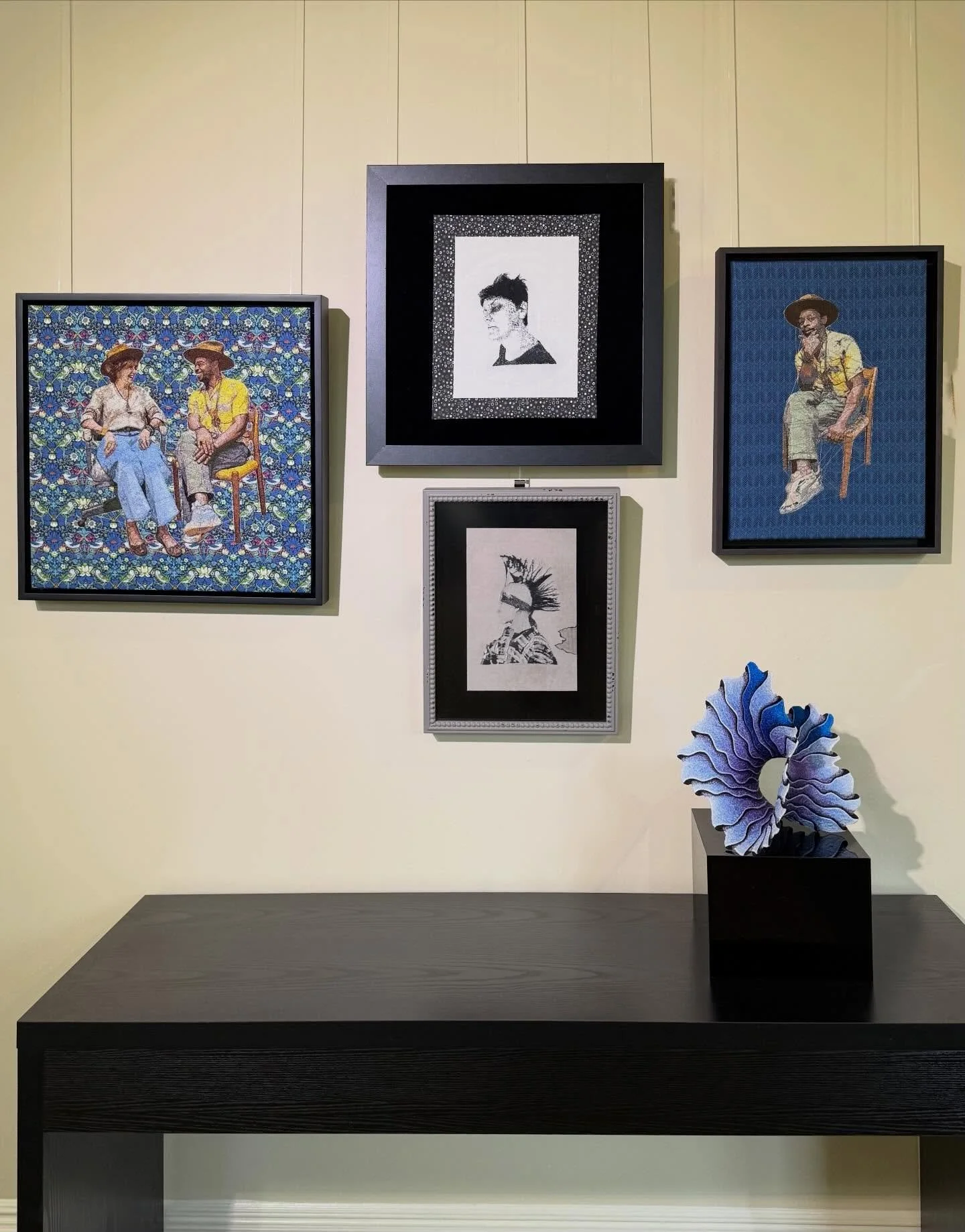 A quiet moment from the current exhibition at William Scofield Gallery.

Thread, pattern, surface, and form come together through distinct approaches to contemporary fiber and textile art &mdash; from hand stitching to sculptural textile work.

Now o
