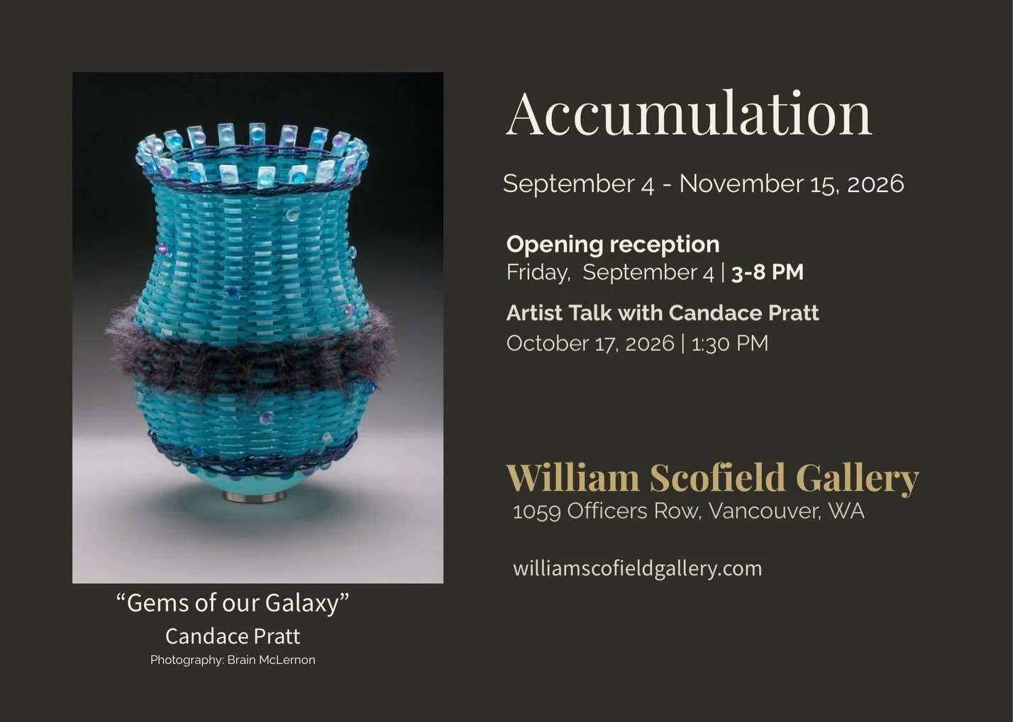ACCUMULATION opens tomorrow.

Join us for First Friday and experience the work of Tasha Owen and Candace Pratt at William Scofield Gallery.

Friday, September 4
3&ndash;8 PM

Come see the exhibition, meet Candace, and spend the evening with us.

#Wil